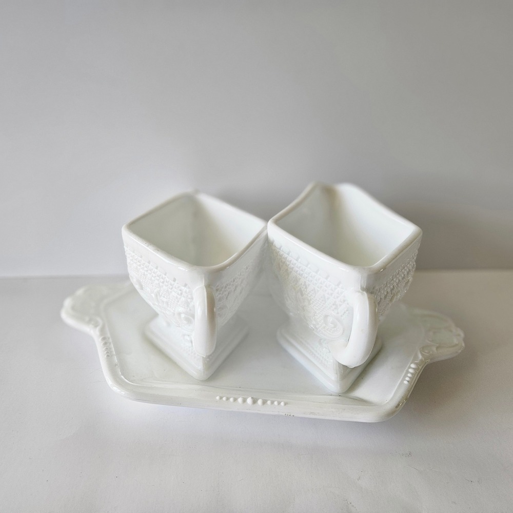 Vtg Indiana Milk Glass Tiara Cream and Sugar Set with Tray "Sandwich" Pattern
